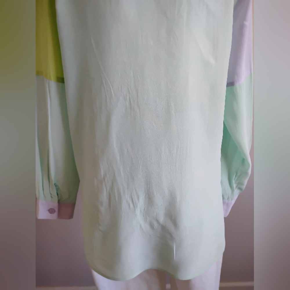 Diane Gilman Silk Beaded Button Up Blouse Pastel Chartreuse Lilac Size Medium - Picture 11 of 14